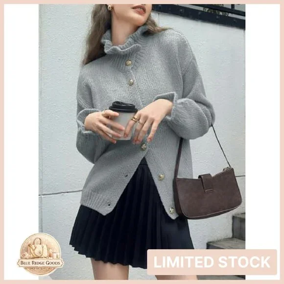 Oversized Ribbed Knit Cardigan Ruffle Neckline Open Front Chic Fall Sweater